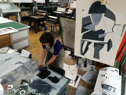 Working on a giant linocut last week