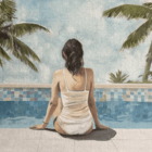 Jeune fille assise au bord de la piscine