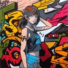 a girl posing in front of a graffiti wall