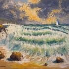 Tempête en mer en Bretagne et voilier à l'horizon