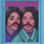 Twin Emoji Faces with Moustache. Framed Acrylic Painting