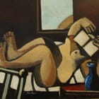 Nu allongé lisant avec vase bleu.