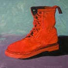 Doc marten's rouge pop sur fond vert violet