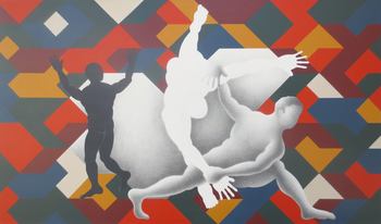 "New Adventures in Large Format" series (three men over geometric background) by Gonzalo Garcia Callegari