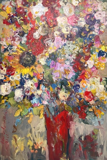 Red vase with summer flowers by Lilia Orlova-Holmes