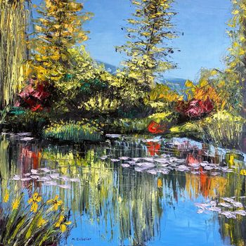 Reflets des grands arbres et iris d’eau en premier plan by Michel Cribelier