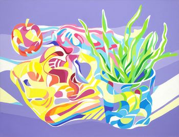 Nature morte à l'aloe vera, livre, pomme, et tube de peinture von Guillaume Rist