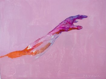 bras tendu et main sur fond rose en bleu et orange pop art par Olivier Payeur