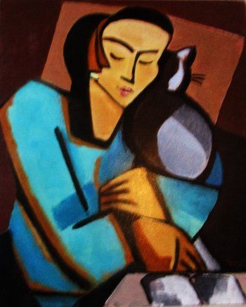 Jeune Fille au chat lisant par Michel de Gouttes