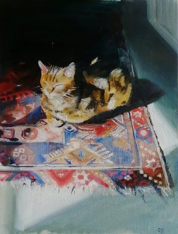 Cat on a sunny Persian mat by Rosemary Burn