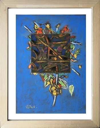 Feuilles et fleurs sur fond bleu  100113 by Bernard Marie Collet