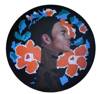 Exchange Currency No. 3 – Pixel Identity with Orange and Blue Carpet Motif par Natasha Lelenco