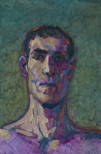 autoportrait expressioniste mauve jaune sur vert von Olivier Payeur