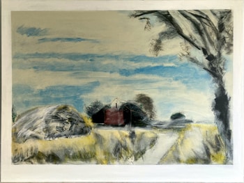 Painting of a Norfolk barn in which a pair of barn-owls nested von Adam Reid