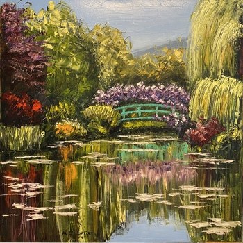 Pont japonais et glycines en fleurs dans le jardin Monet à Giverny von Michel Cribelier