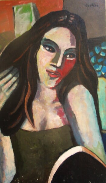 Femme se coiffant, robe verte. par Michel de Gouttes