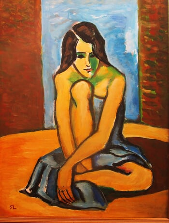 Modèle accroupi robe bleue. von Michel de Gouttes