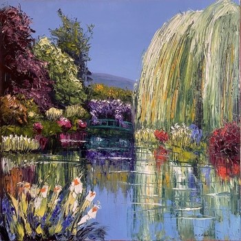 Reflets du saule pleureur, pont japonais avec glycines dans le jardin de Monet à Giverny by Michel Cribelier