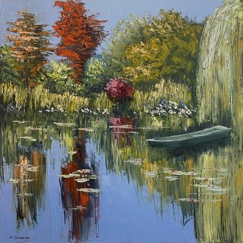 Reflets d'eau en automne avec barque dans le jardin Monet à Giverny by Michel Cribelier