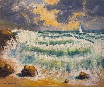 Tempête en mer en Bretagne et voilier à l'horizon by Michel Cribelier