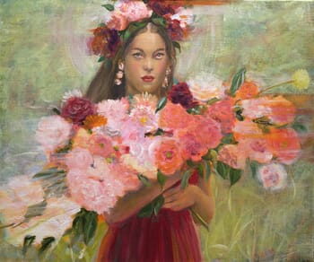 Flore offrant aux Charites : Euphrosyne, Thalie et Aglaé, des fleurs qui assembler en bouquet, orneront la chevelure des divinités.  par François Pagé