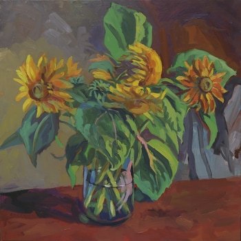 Tournesols sur table rouge par Hélène Courtois-Redouté