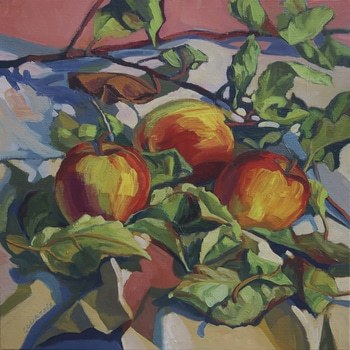 Trois pommes et feuilles par Hélène Courtois-Redouté