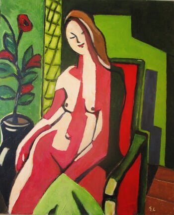 Modèle aux reflets sur fauteuil rouge. von Michel de Gouttes