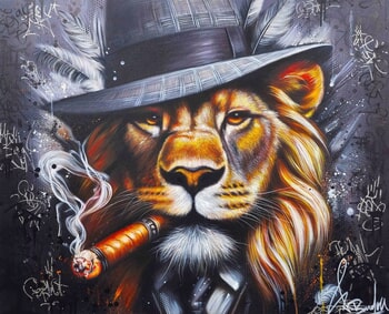 Lion Street Art Painting Cigar Costume Hat Modern: Lion Mafia by Vincent Bardou