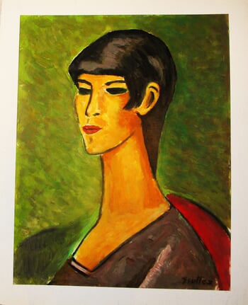 Femme au long cou sur fond vert. par Michel de Gouttes