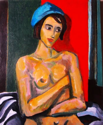 Nu assis, bras croisés avec bonnet bleu by Michel de Gouttes