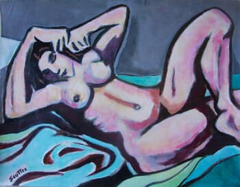 Nu allongé bras levé sur fond vert von Michel de Gouttes