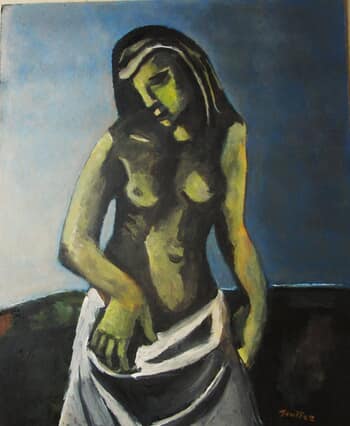 Nu jaune à la serviette blanche sur fond bleu. par Michel de Gouttes