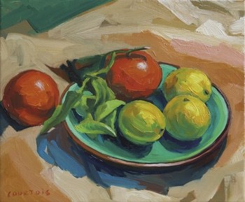 Cinq fruits sur assiette verte by Hélène Courtois-Redouté