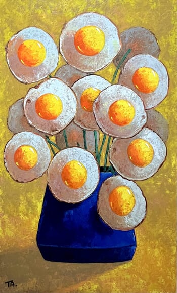 Egg flowers in blue vase von Ta Byrne
