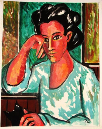 Femme pensive au chat. von Michel de Gouttes