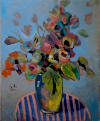 Bouquet de fleurs sur table rayée von Charles Pasino