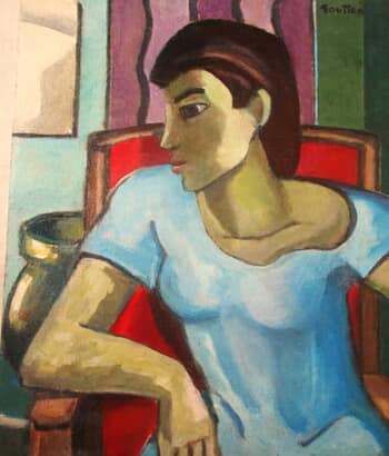 Jeune Fille au fauteuil rouge,robe bleue. von Michel de Gouttes