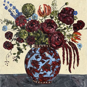 Magenta Peonies in Blue Vase von Ruby Read