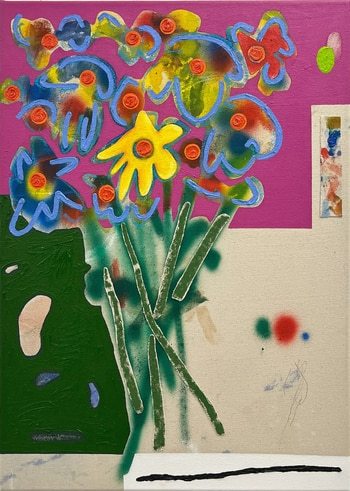 gelb auf blau mit grün und Blumen par Björn Heyn