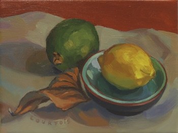 Citrons vert et jaune dans coupelle bleue von Hélène Courtois-Redouté