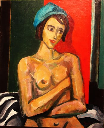 Modele assis, bras croisés,et bonnet bleu. by Michel de Gouttes