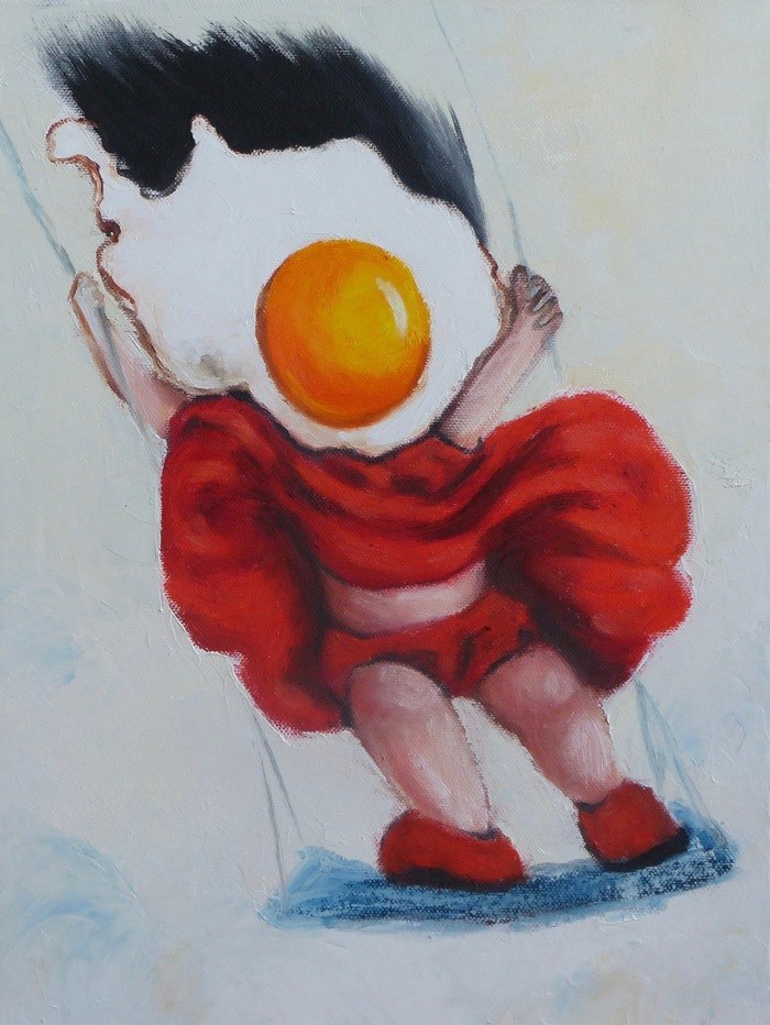Egg girl in red dress on a swing by Ta Byrne