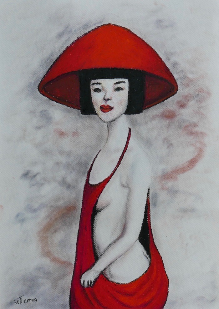 Drawing of Oriental lady in red von Ta Byrne