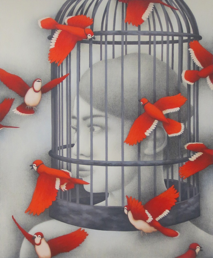 "Animal Song" series (caged woman and orange birds) par Gonzalo Garcia Callegari