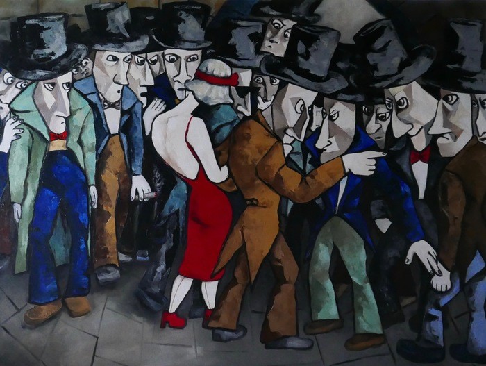 Top hat & tails gang with lady in red par Ta Byrne