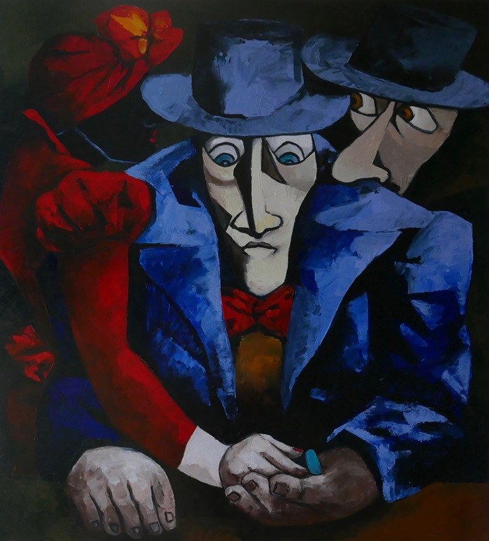 The conspirators and lady in red dress von Ta Byrne