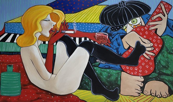 Lady in red playing footsie von Ta Byrne