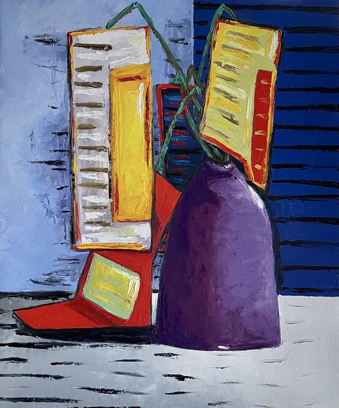 Egg flowers in purple vase von Ta Byrne