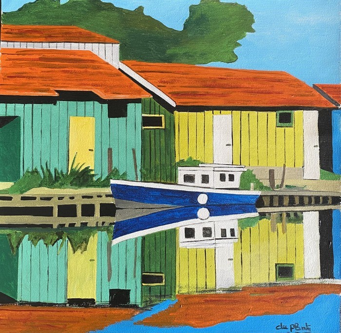 Cabane au bateau bleu et blanc par Anne Du Planty